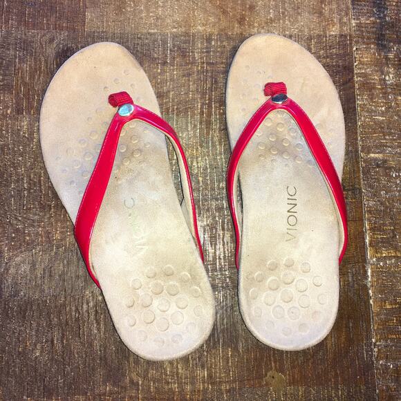 Vionic Orthaheel Mona Red Patent Flip Flop Thong Sandals Womens 8 W Classic - Picture 1 of 8